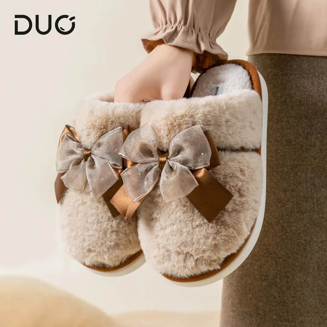 Bow Plush Cotton Slippers for Women Autumn and Winter 2025 New Warm Indoor Home Soft Sole Anti-Slip Confinement Slippers
