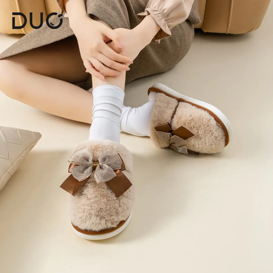 Bow Plush Cotton Slippers for Women Autumn and Winter 2025 New Warm Indoor Home Soft Sole Anti-Slip Confinement Slippers