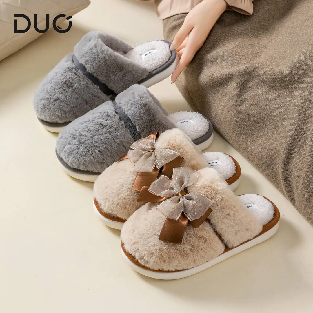 Bow Plush Cotton Slippers for Women Autumn and Winter 2025 New Warm Indoor Home Soft Sole Anti-Slip Confinement Slippers