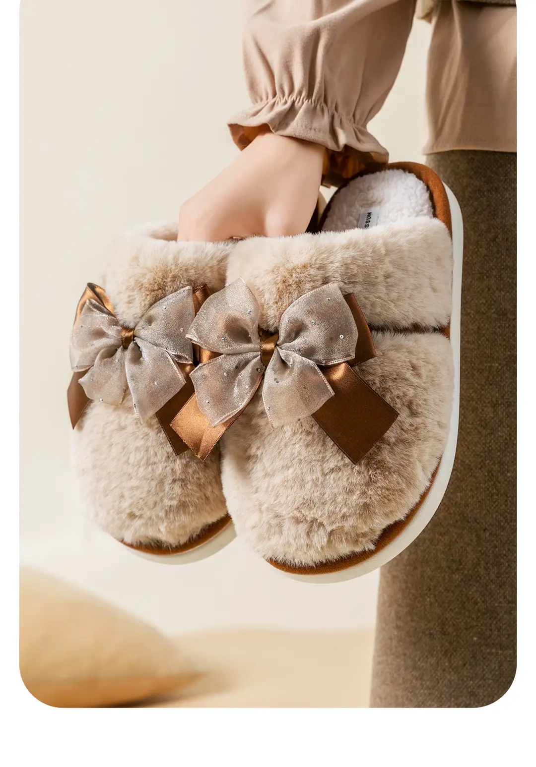 Bow Plush Cotton Slippers for Women Autumn and Winter 2025 New Warm Indoor Home Soft Sole Anti-Slip Confinement Slippers — feature 8