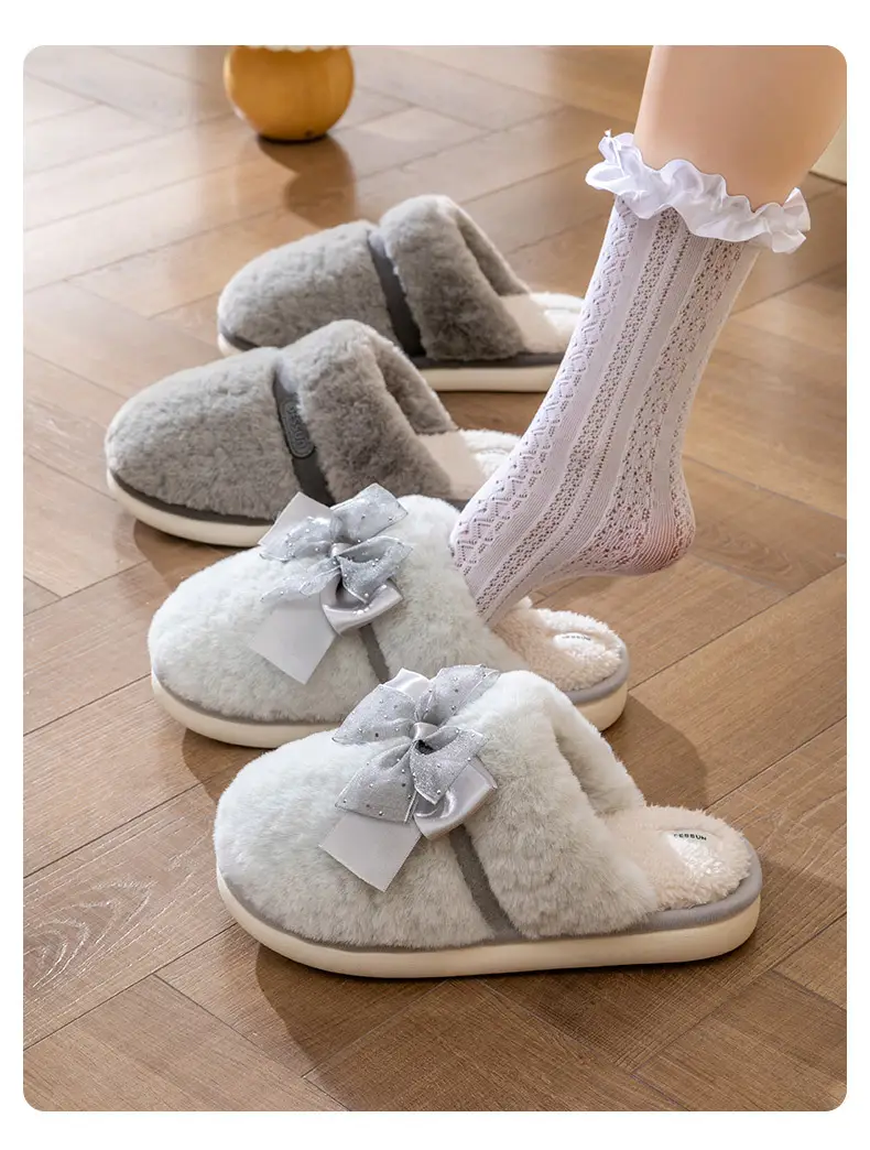 Women Grey Thick Cotton Slippers Winter Warm Indoor — feature 10
