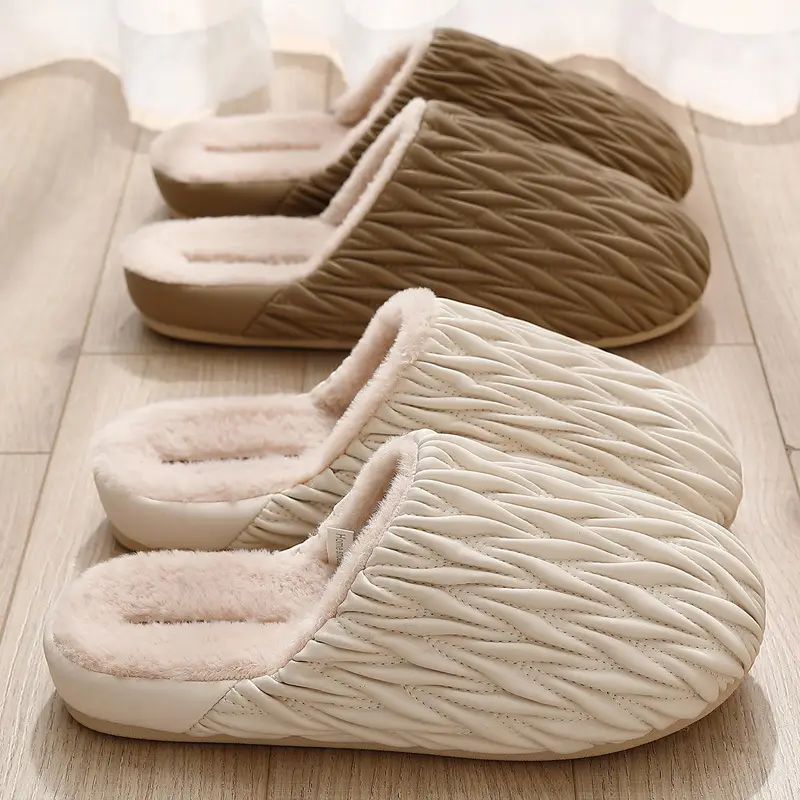 Fashionable Women's Cotton Slippers 2025 New Autumn and Winter Home Pu Leather Waterproof Plush Warm Cotton Slippers for Women Wholesale - Image 7