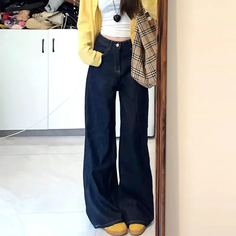 Dark Blue Wide Leg Pants with Yellow Cardigan 2025