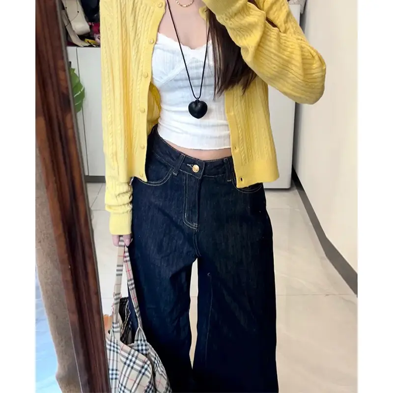 Dark Blue Wide Leg Pants with Yellow Cardigan 2025