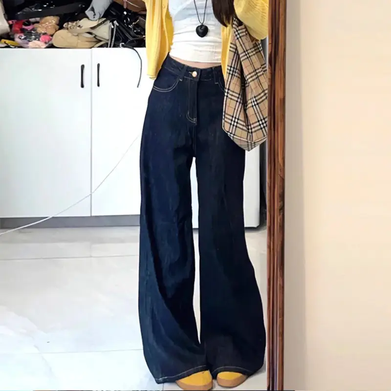 Dark Blue Wide Leg Pants with Yellow Cardigan 2025