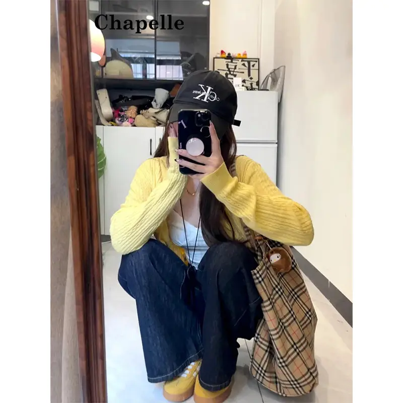 Dark Blue Wide Leg Pants with Yellow Cardigan 2025