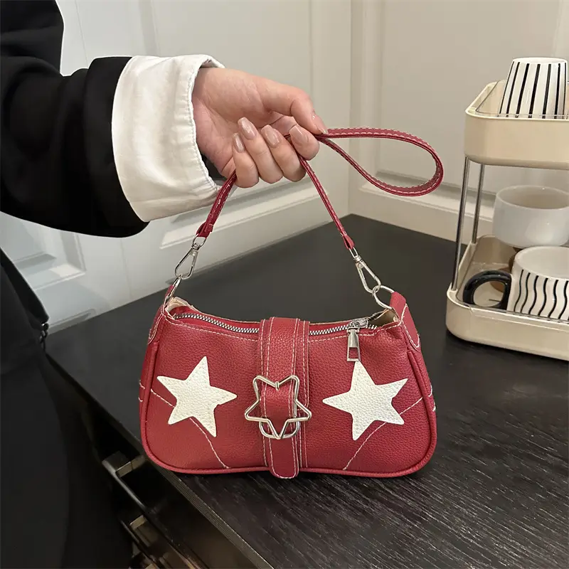 Women Star Print Shoulder Bag Beige Leather - Image 6