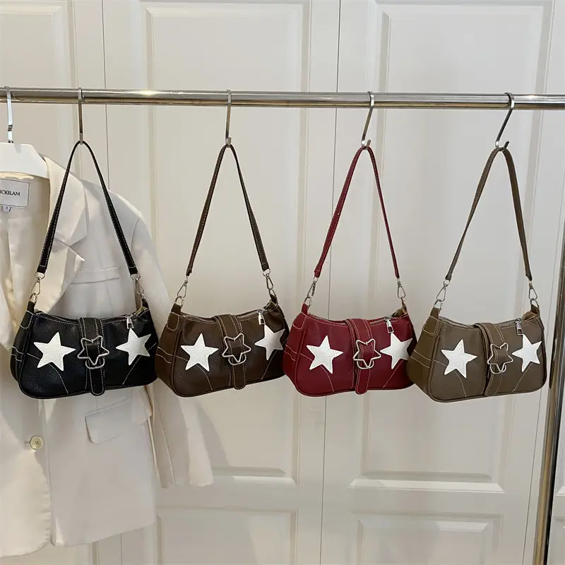 Women Star Print Shoulder Bag Beige Leather - Image 8