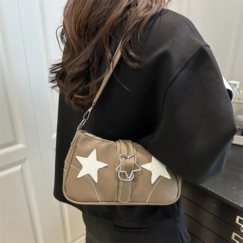 Women Star Print Shoulder Bag Beige Leather — feature 2