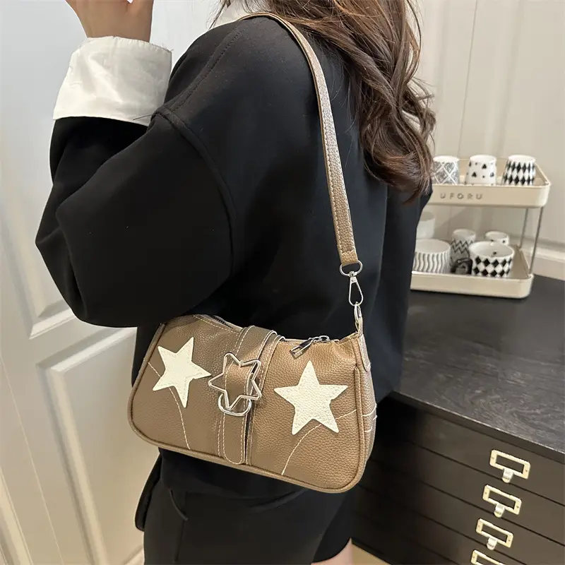 Women Star Print Shoulder Bag Beige Leather — feature 23