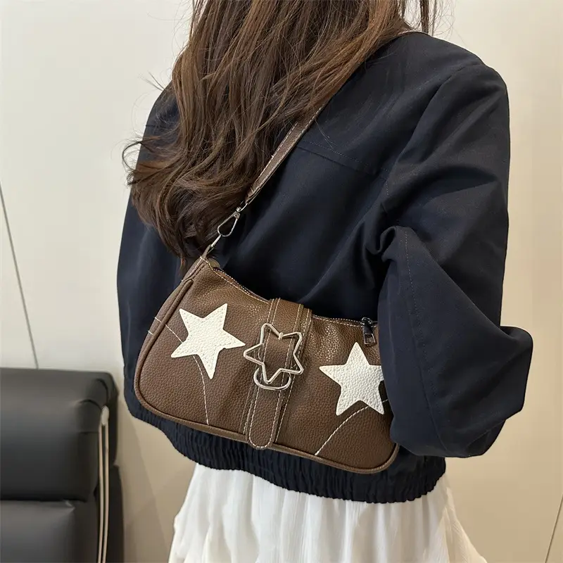 Women Star Print Shoulder Bag Beige Leather — feature 26