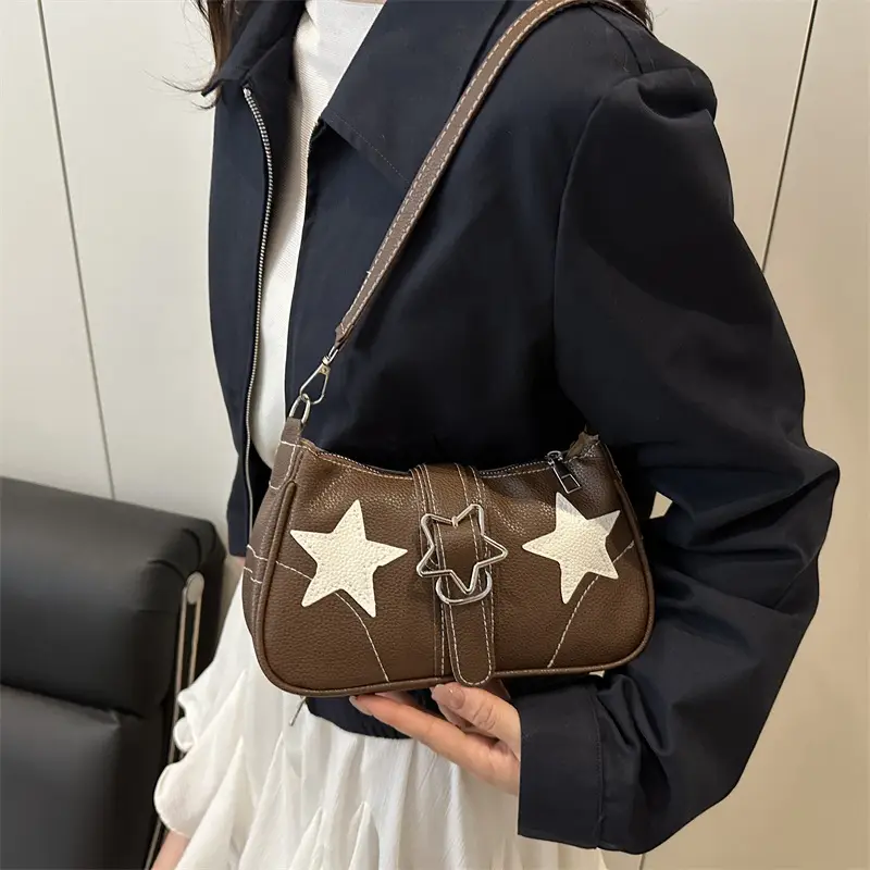 Women Star Print Shoulder Bag Beige Leather — feature 27