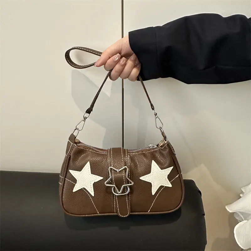 Women Star Print Shoulder Bag Beige Leather - Image 3