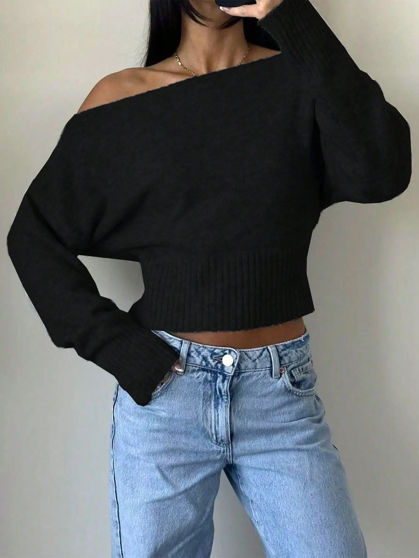 Knitted Off-Shoulder Sweater Top with Lace Shorts — feature 17