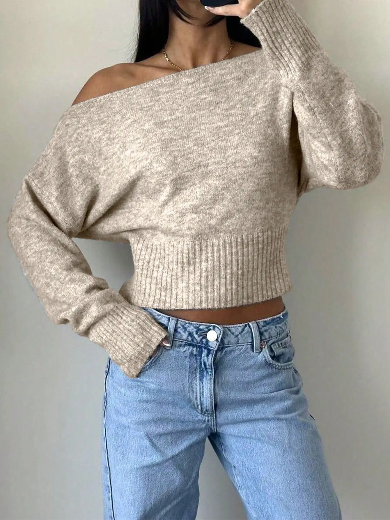 Knitted Off-Shoulder Sweater Top with Lace Shorts — feature 24