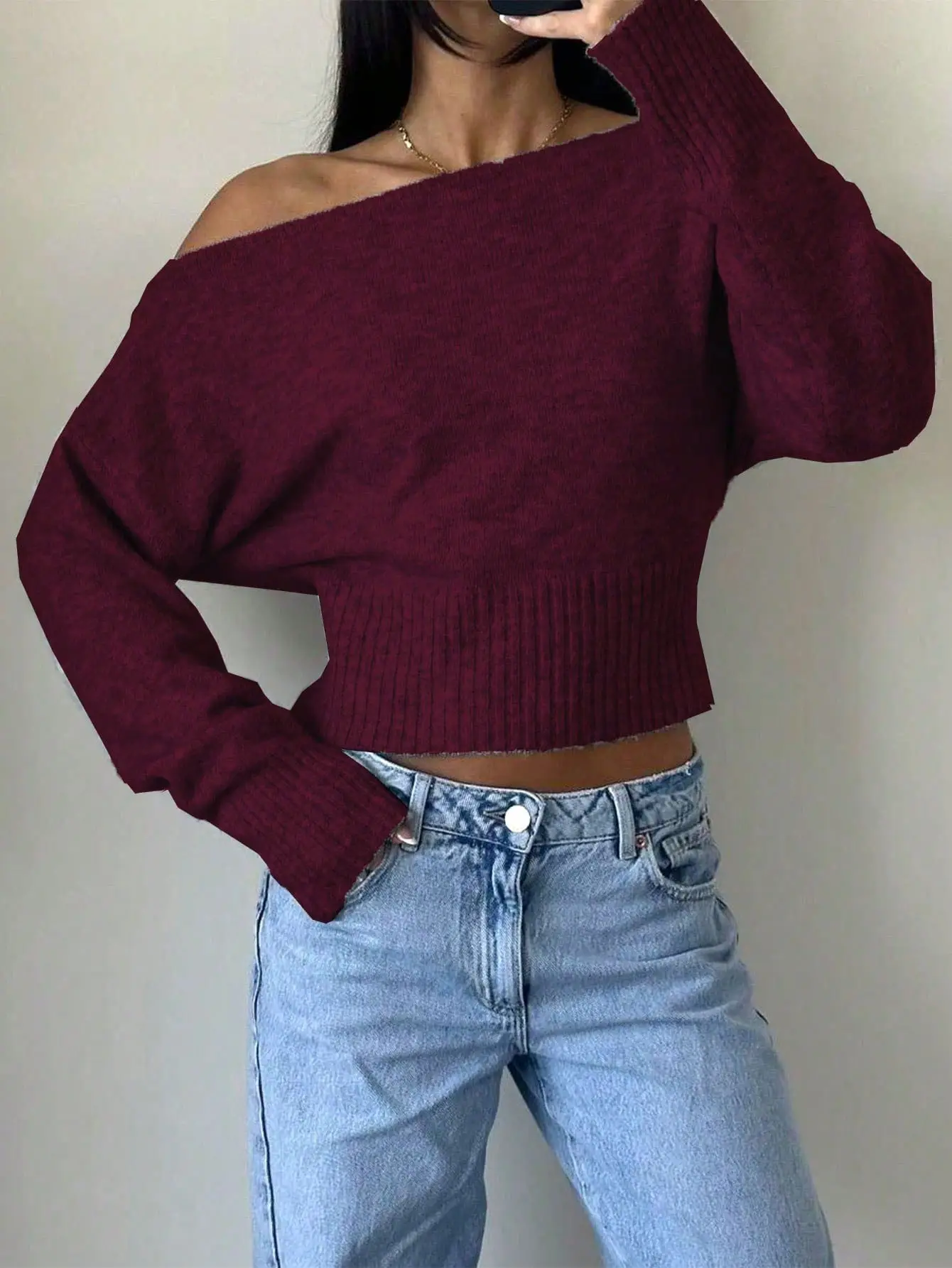 Knitted Off-Shoulder Sweater Top with Lace Shorts — feature 28