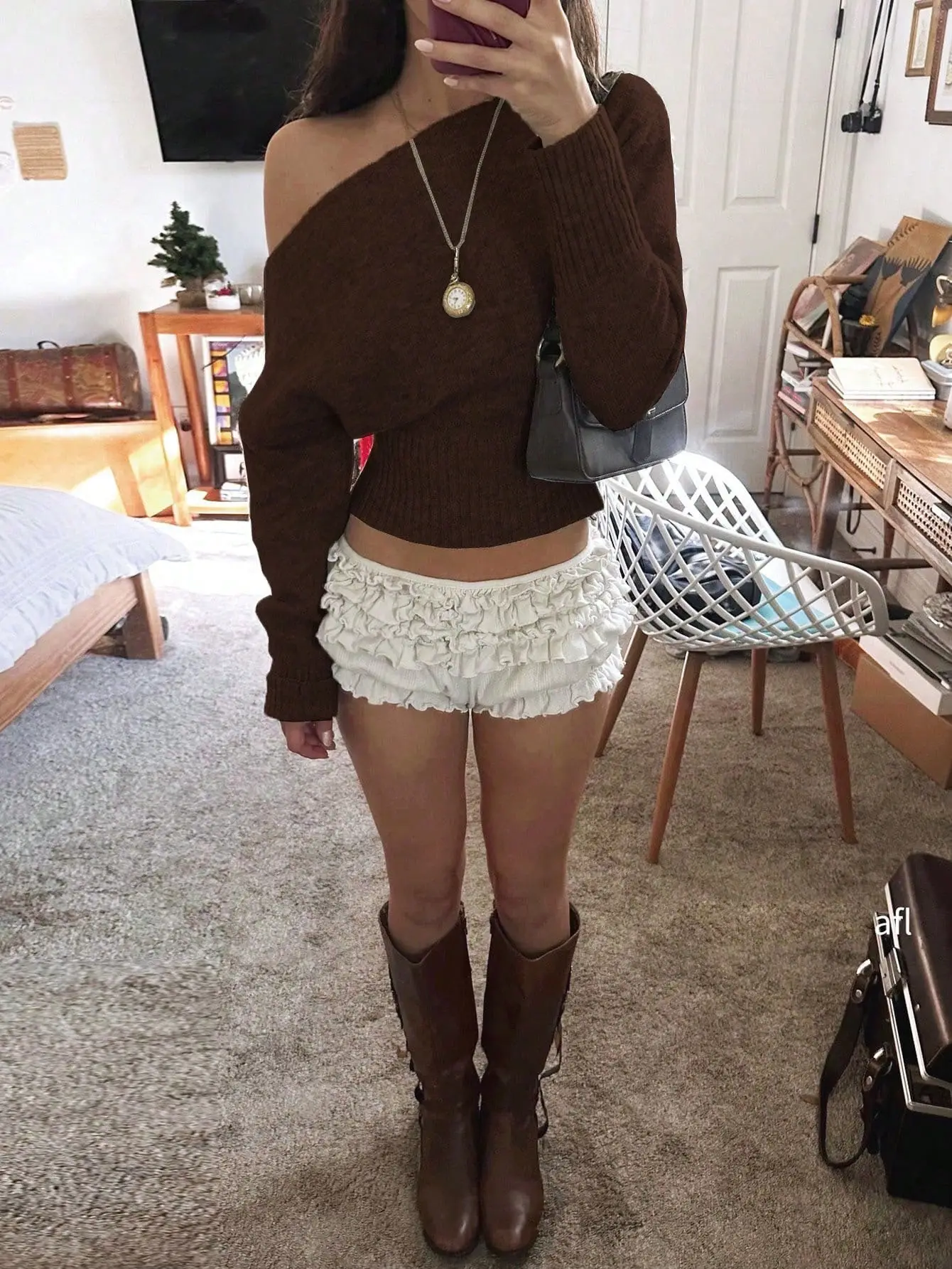 Knitted Off-Shoulder Sweater Top with Lace Shorts — feature 31