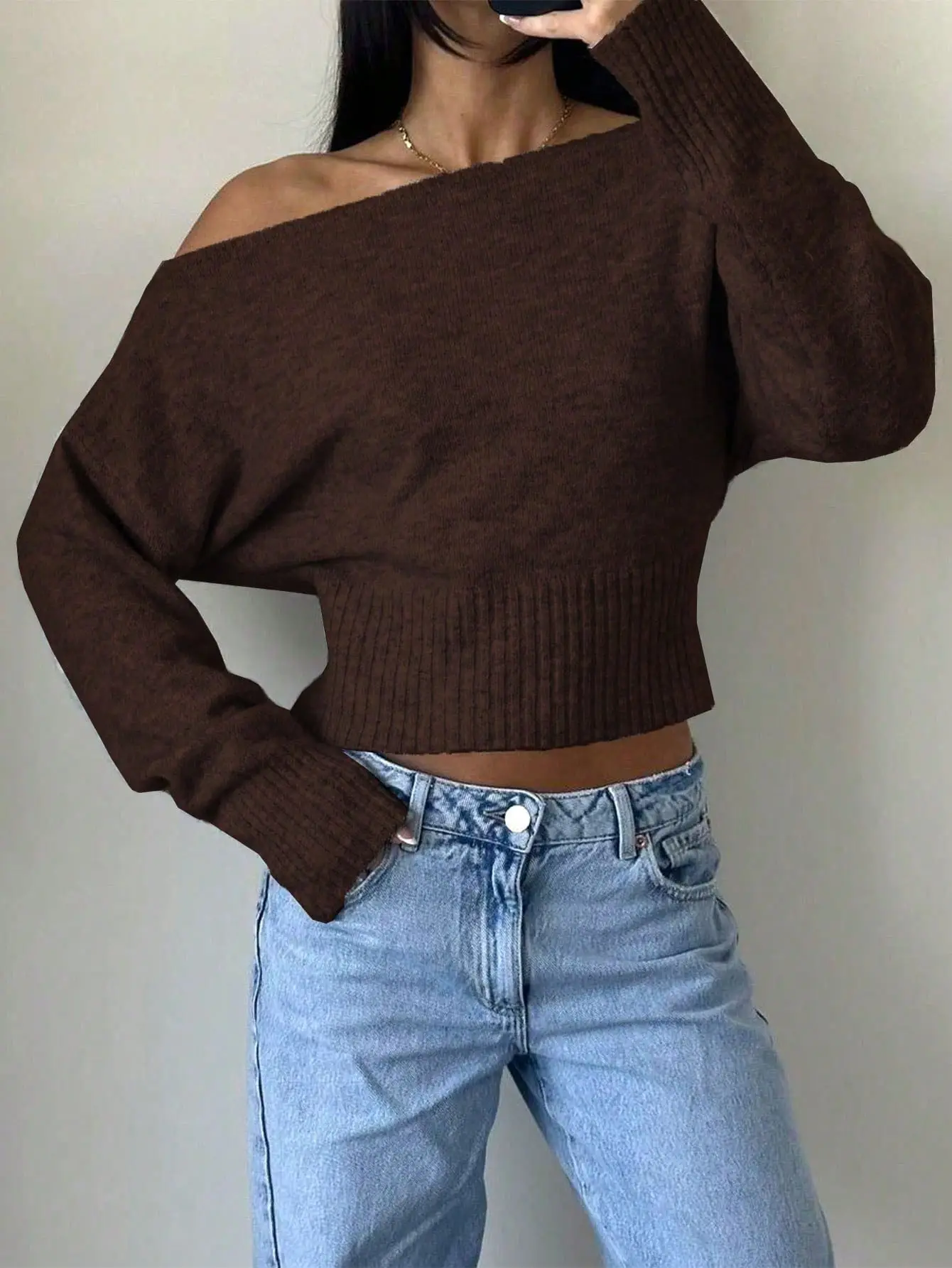 Knitted Off-Shoulder Sweater Top with Lace Shorts — feature 33