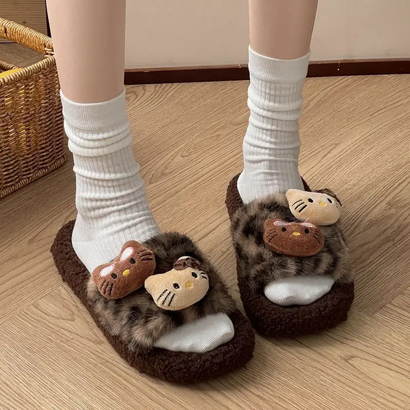 Autumn and Winter Cute Cartoon Kitty Cotton Slippers for Women at Home Non-Slip Internet Celebrity Fashion Leopard Print Furry Slippers for Women to Wear Outside