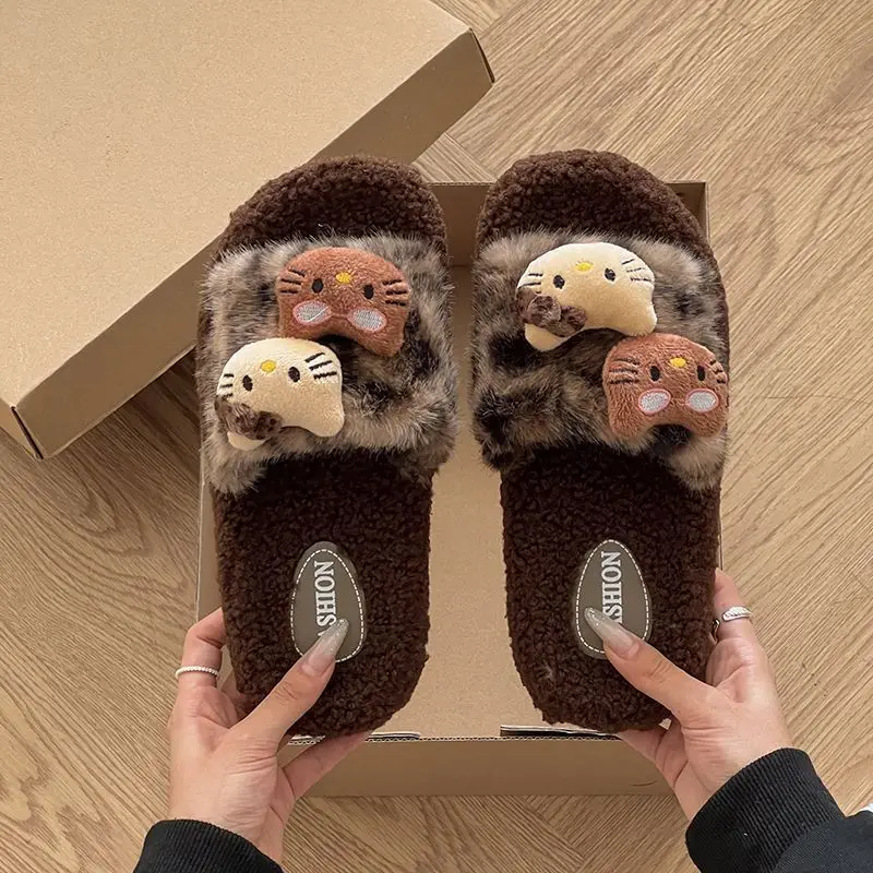 Autumn and Winter Cute Cartoon Kitty Cotton Slippers for Women at Home Non-Slip Internet Celebrity Fashion Leopard Print Furry Slippers for Women to Wear Outside