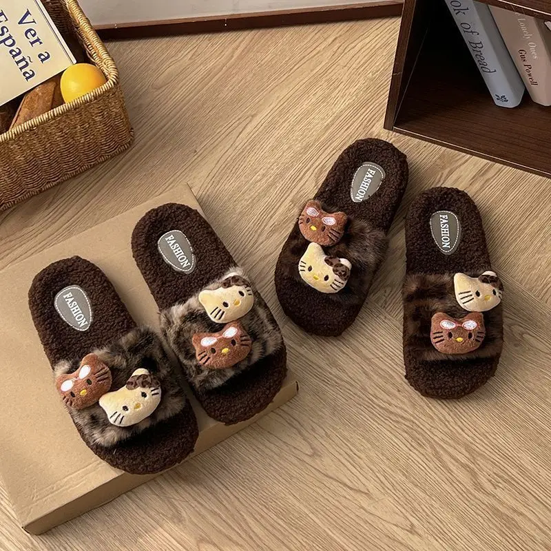 Autumn and Winter Cute Cartoon Kitty Cotton Slippers for Women at Home Non-Slip Internet Celebrity Fashion Leopard Print Furry Slippers for Women to Wear Outside