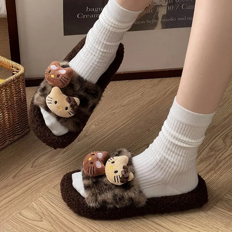 Autumn and Winter Cute Cartoon Kitty Cotton Slippers for Women at Home Non-Slip Internet Celebrity Fashion Leopard Print Furry Slippers for Women to Wear Outside