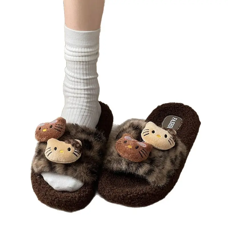 Autumn and Winter Cute Cartoon Kitty Cotton Slippers for Women at Home Non-Slip Internet Celebrity Fashion Leopard Print Furry Slippers for Women to Wear Outside