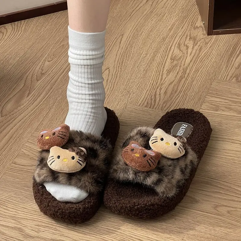 Autumn and Winter Cute Cartoon Kitty Cotton Slippers for Women at Home Non-Slip Internet Celebrity Fashion Leopard Print Furry Slippers for Women to Wear Outside — feature 3