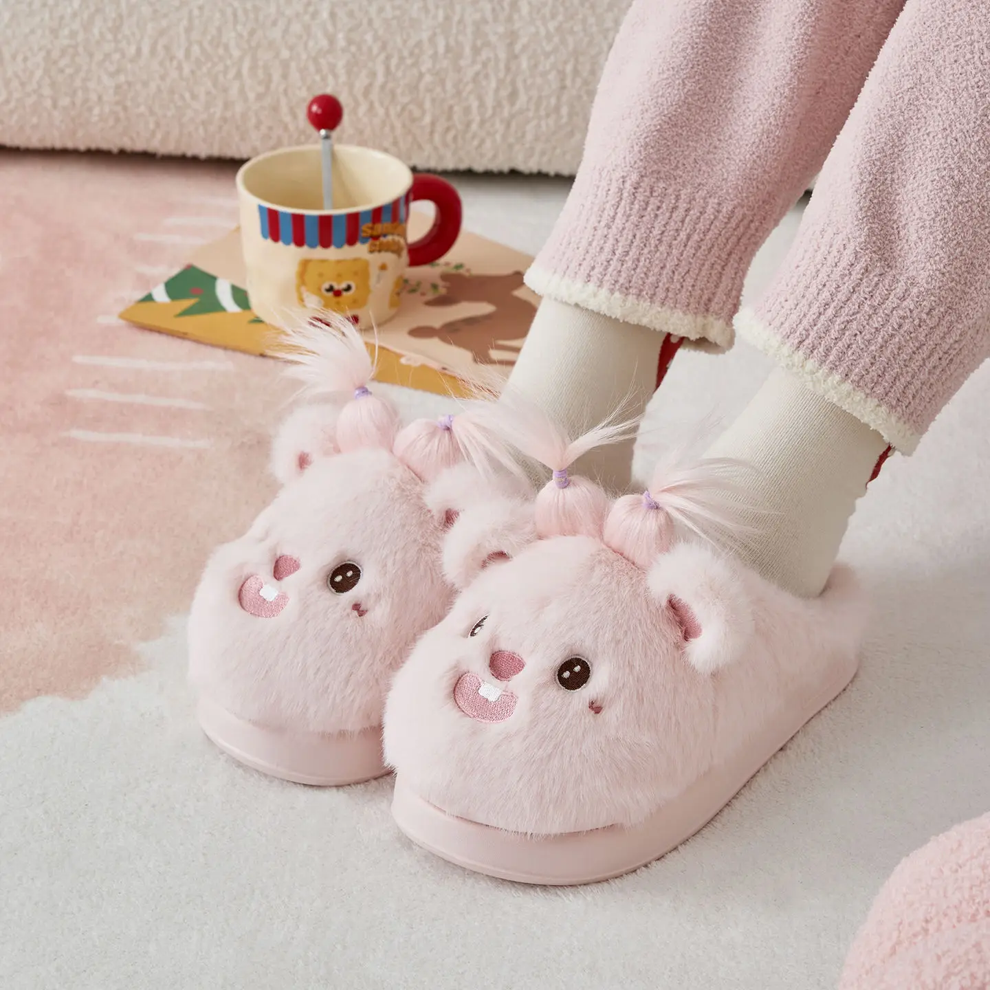 Cute Pink Mouse Slippers for Women Winter 2025