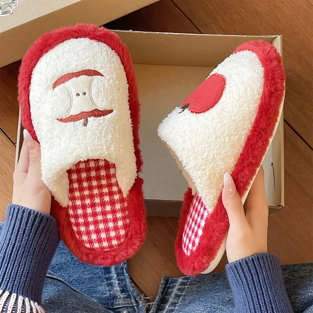 Cute Red Apple Cotton Slippers for Women in Winter, Comfortable Home Non-Slip Warm Maternity Shoes, New Plush Slippers