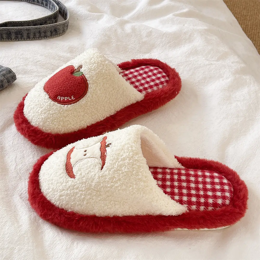 Cute Red Apple Cotton Slippers for Women in Winter, Comfortable Home Non-Slip Warm Maternity Shoes, New Plush Slippers