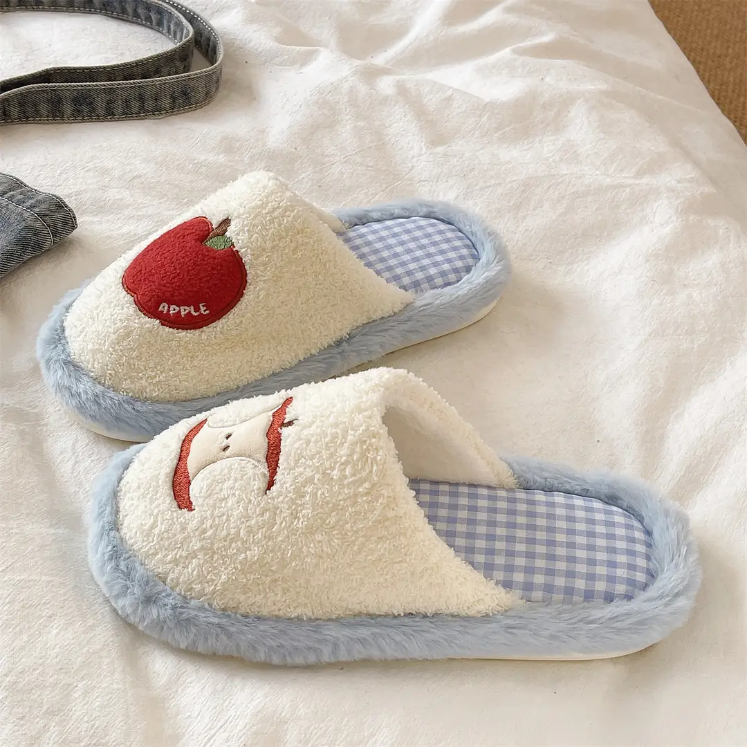 Cute Red Apple Cotton Slippers for Women in Winter, Comfortable Home Non-Slip Warm Maternity Shoes, New Plush Slippers