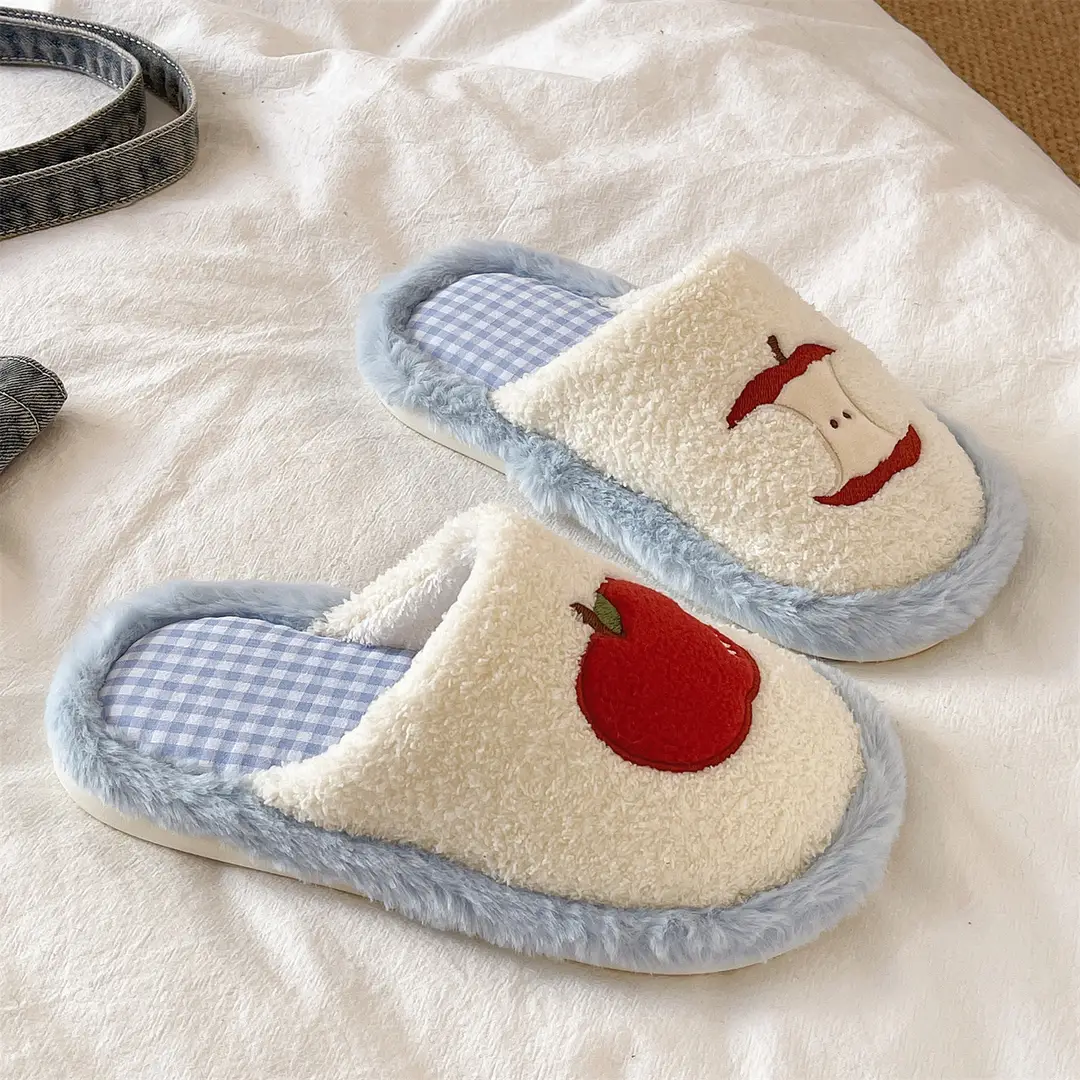 Cute Red Apple Cotton Slippers for Women in Winter, Comfortable Home Non-Slip Warm Maternity Shoes, New Plush Slippers