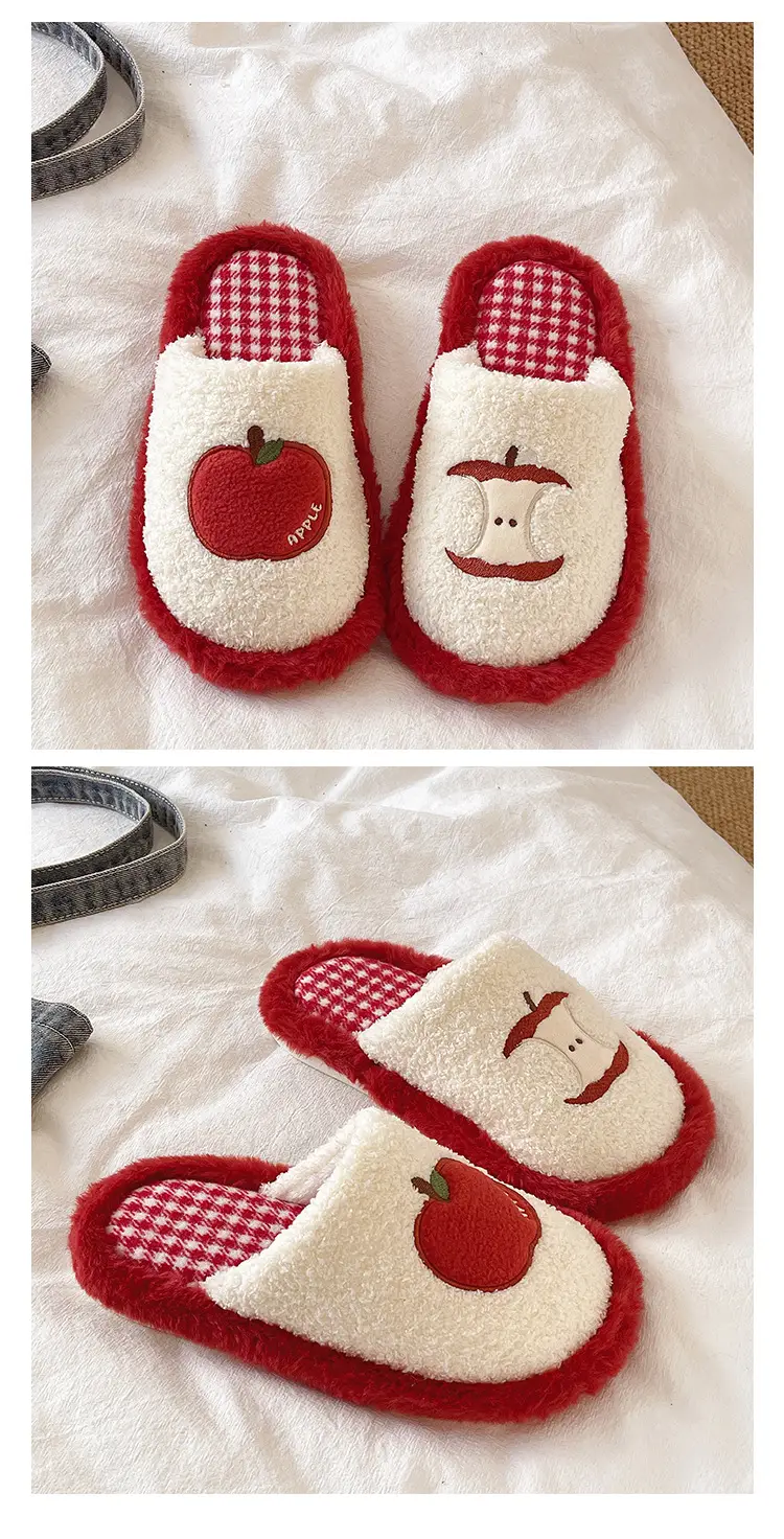 Cute Red Apple Cotton Slippers for Women in Winter, Comfortable Home Non-Slip Warm Maternity Shoes, New Plush Slippers — feature 4