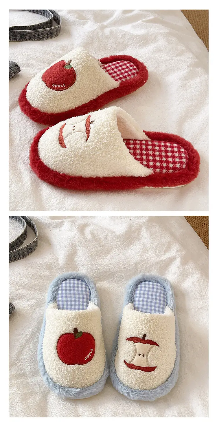 Cute Red Apple Cotton Slippers for Women in Winter, Comfortable Home Non-Slip Warm Maternity Shoes, New Plush Slippers — feature 5