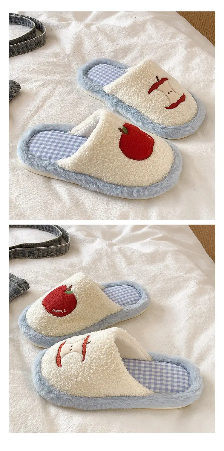Cute Red Apple Cotton Slippers for Women in Winter, Comfortable Home Non-Slip Warm Maternity Shoes, New Plush Slippers — feature 6