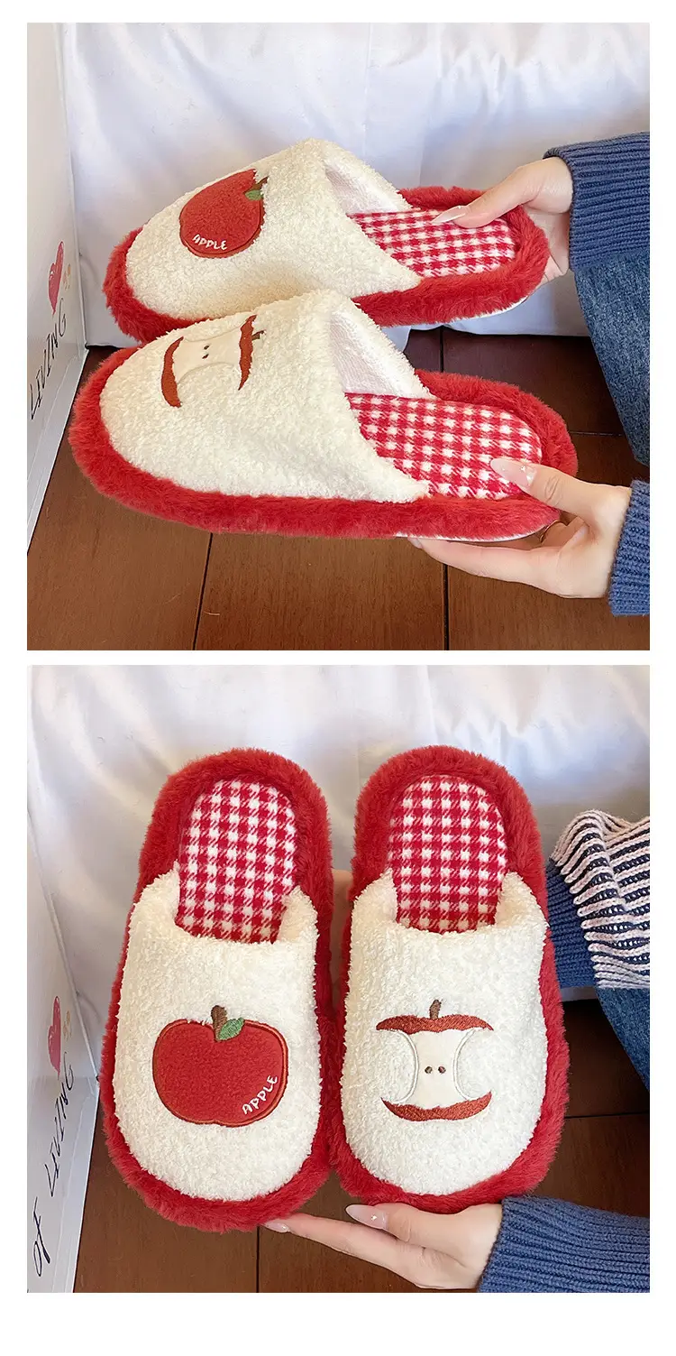 Cute Red Apple Cotton Slippers for Women in Winter, Comfortable Home Non-Slip Warm Maternity Shoes, New Plush Slippers — feature 7