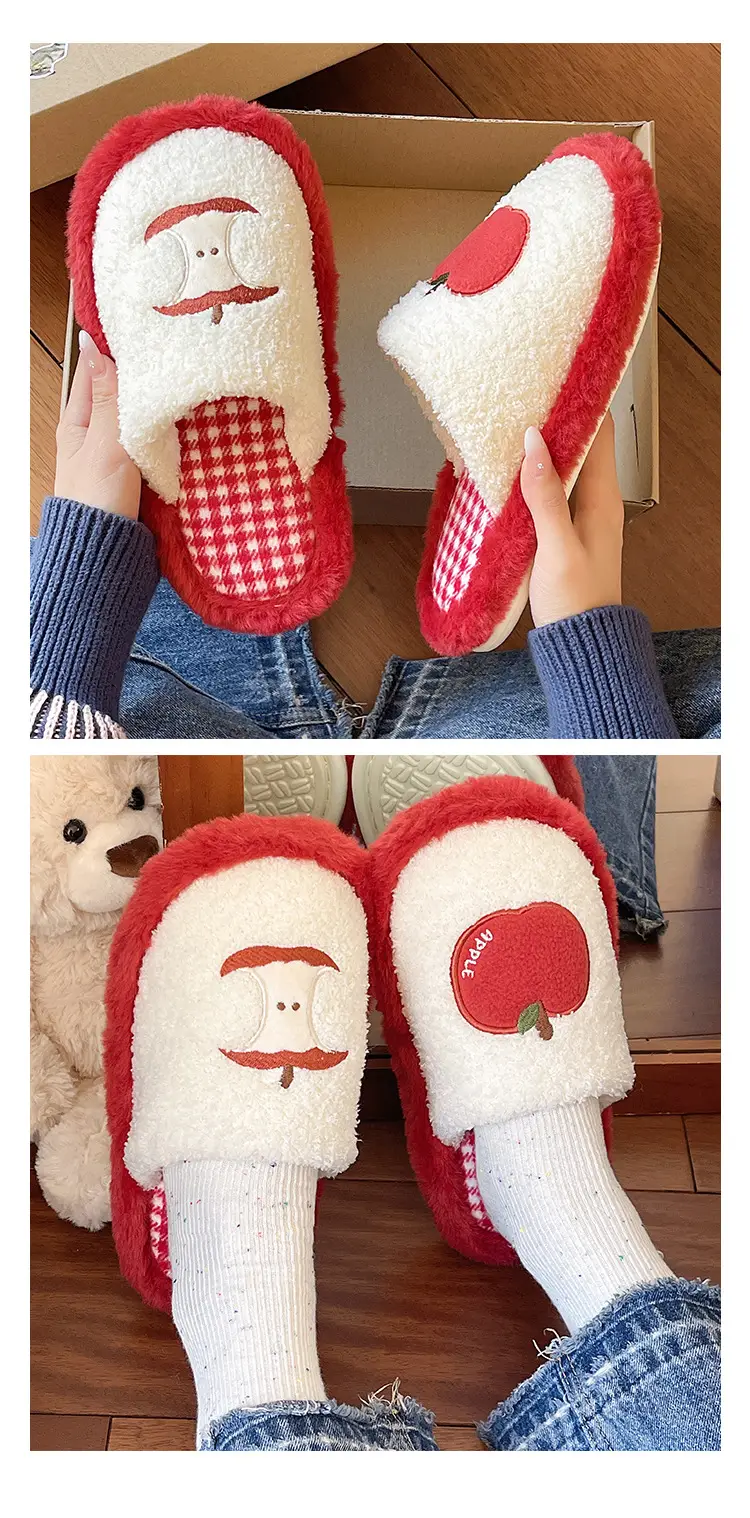 Cute Red Apple Cotton Slippers for Women in Winter, Comfortable Home Non-Slip Warm Maternity Shoes, New Plush Slippers — feature 8