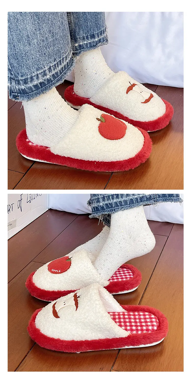 Cute Red Apple Cotton Slippers for Women in Winter, Comfortable Home Non-Slip Warm Maternity Shoes, New Plush Slippers — feature 9