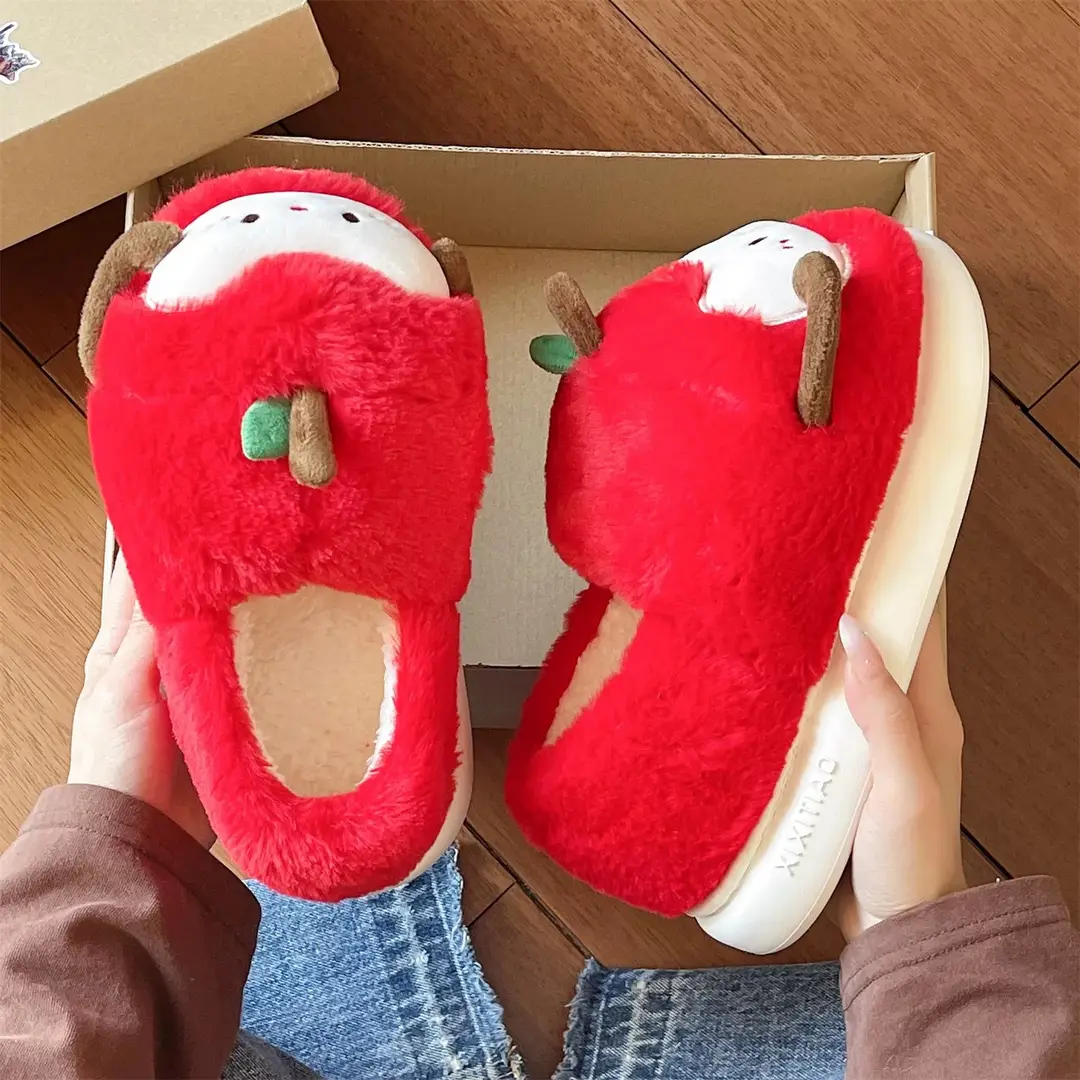 Women's Winter Cute Apple Plush Warm Maternity Slippers Indoor Non-Slip Thick-Soled Cotton Slippers - Image 8