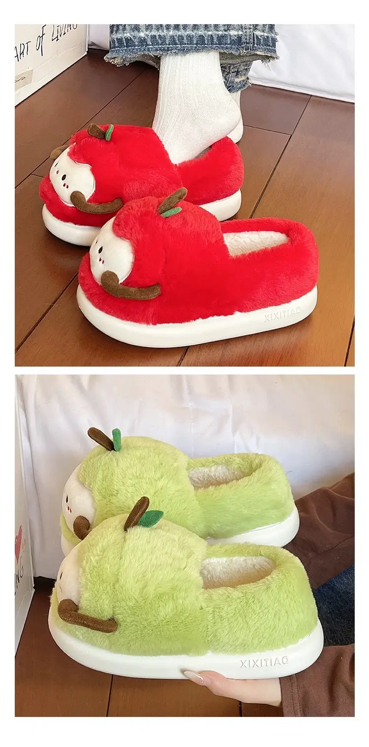 Women's Winter Cute Apple Plush Warm Maternity Slippers Indoor Non-Slip Thick-Soled Cotton Slippers — feature 10