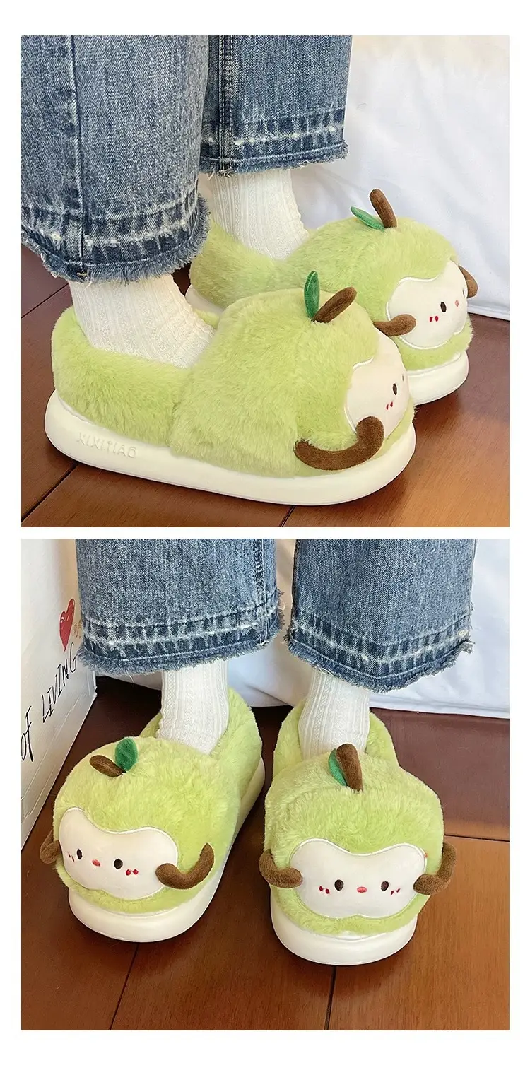 Women's Winter Cute Apple Plush Warm Maternity Slippers Indoor Non-Slip Thick-Soled Cotton Slippers — feature 12