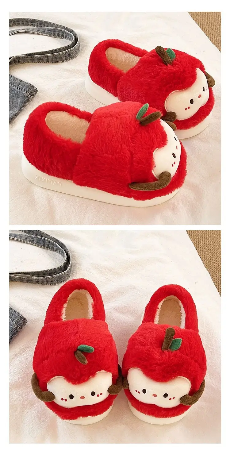Women's Winter Cute Apple Plush Warm Maternity Slippers Indoor Non-Slip Thick-Soled Cotton Slippers — feature 6
