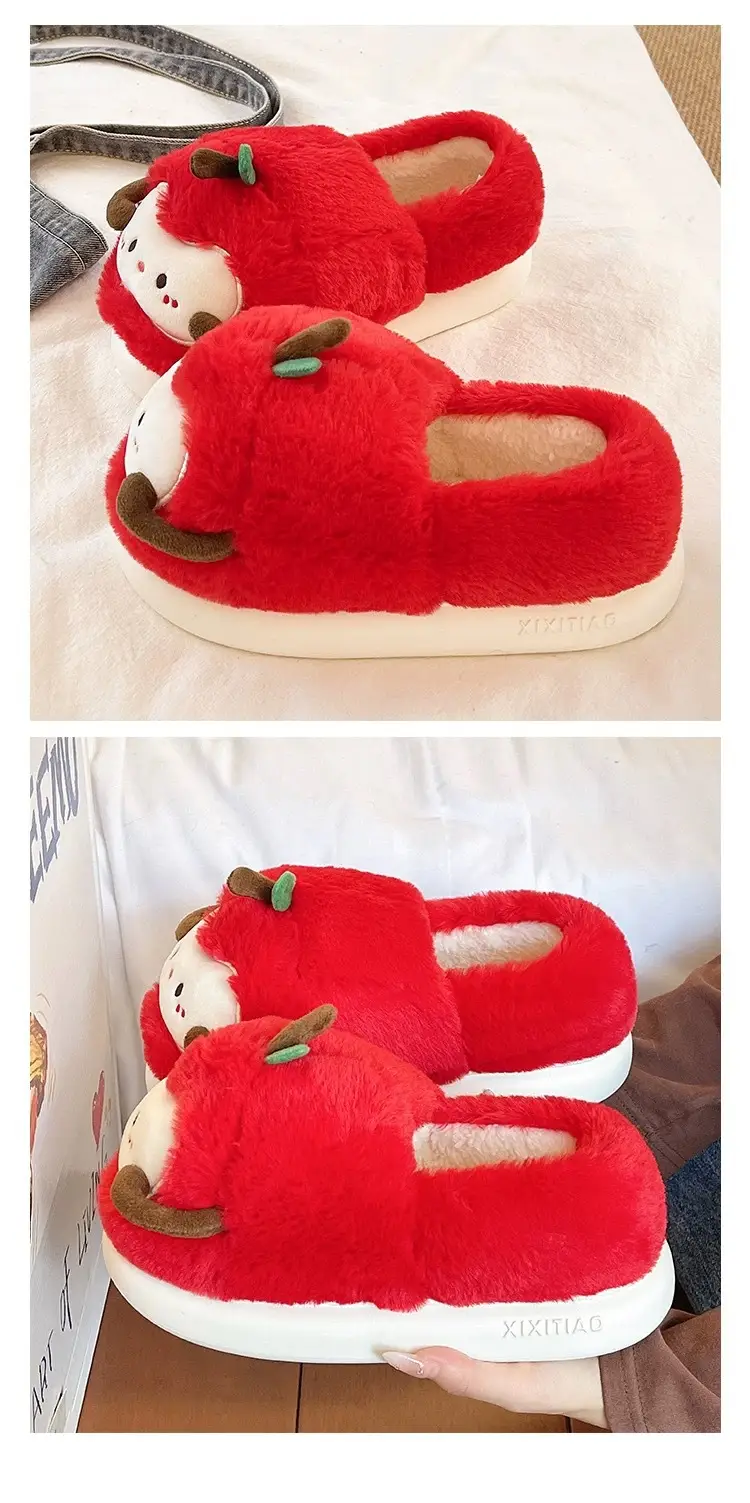 Women's Winter Cute Apple Plush Warm Maternity Slippers Indoor Non-Slip Thick-Soled Cotton Slippers — feature 7