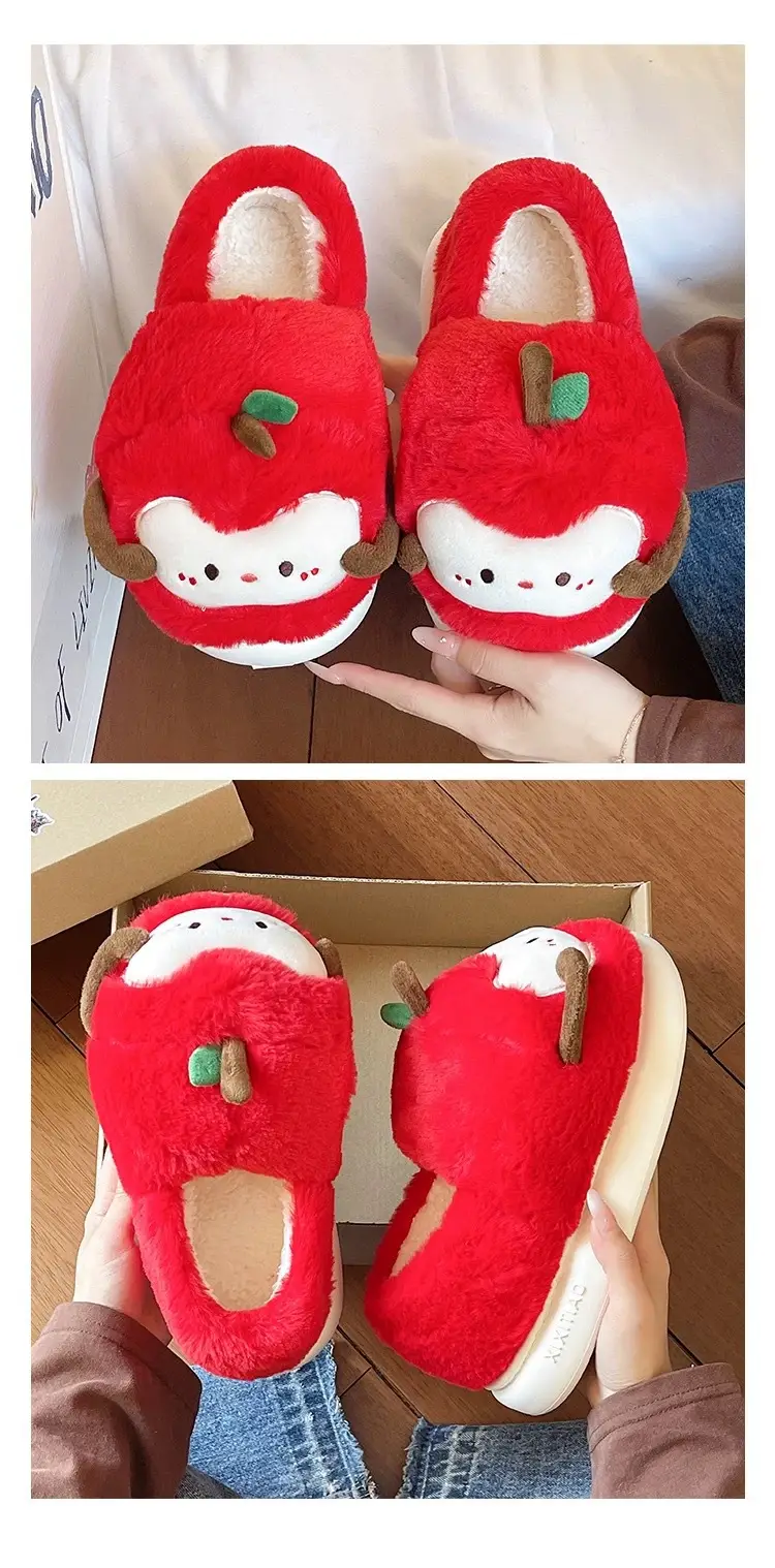 Women's Winter Cute Apple Plush Warm Maternity Slippers Indoor Non-Slip Thick-Soled Cotton Slippers — feature 8