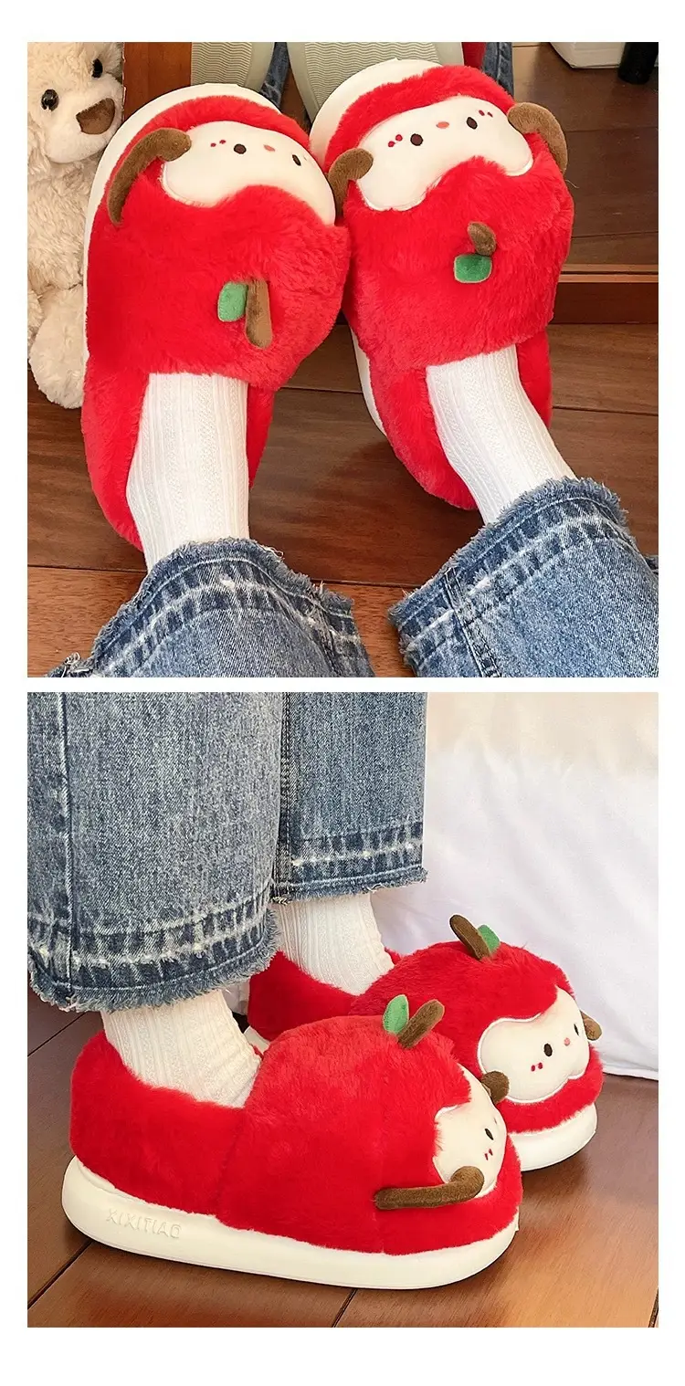 Women's Winter Cute Apple Plush Warm Maternity Slippers Indoor Non-Slip Thick-Soled Cotton Slippers — feature 9