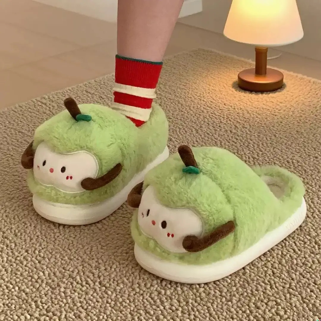 Women's Winter Cute Apple Plush Warm Maternity Slippers Indoor Non-Slip Thick-Soled Cotton Slippers - Image 2