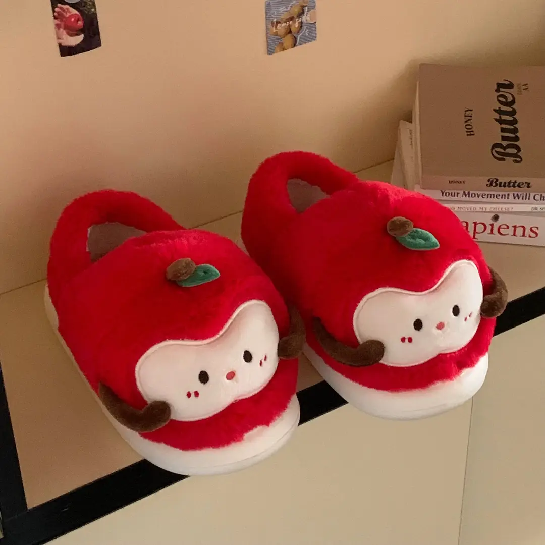 Women's Winter Cute Apple Plush Warm Maternity Slippers Indoor Non-Slip Thick-Soled Cotton Slippers - Image 3