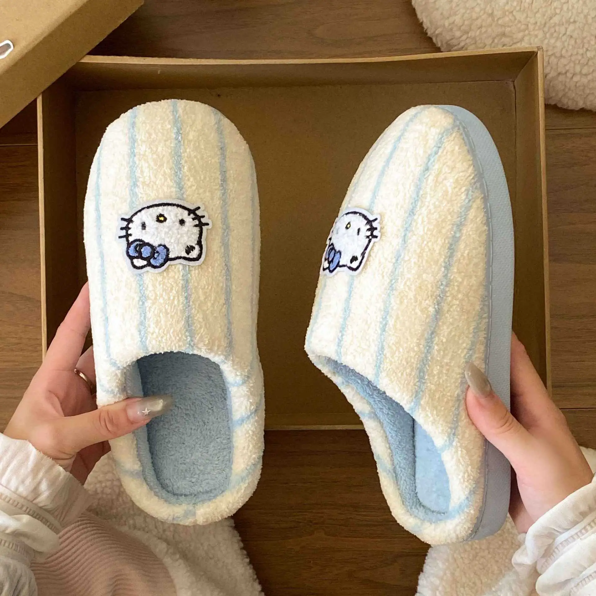Women Cotton Striped Slippers Winter Warm Indoor