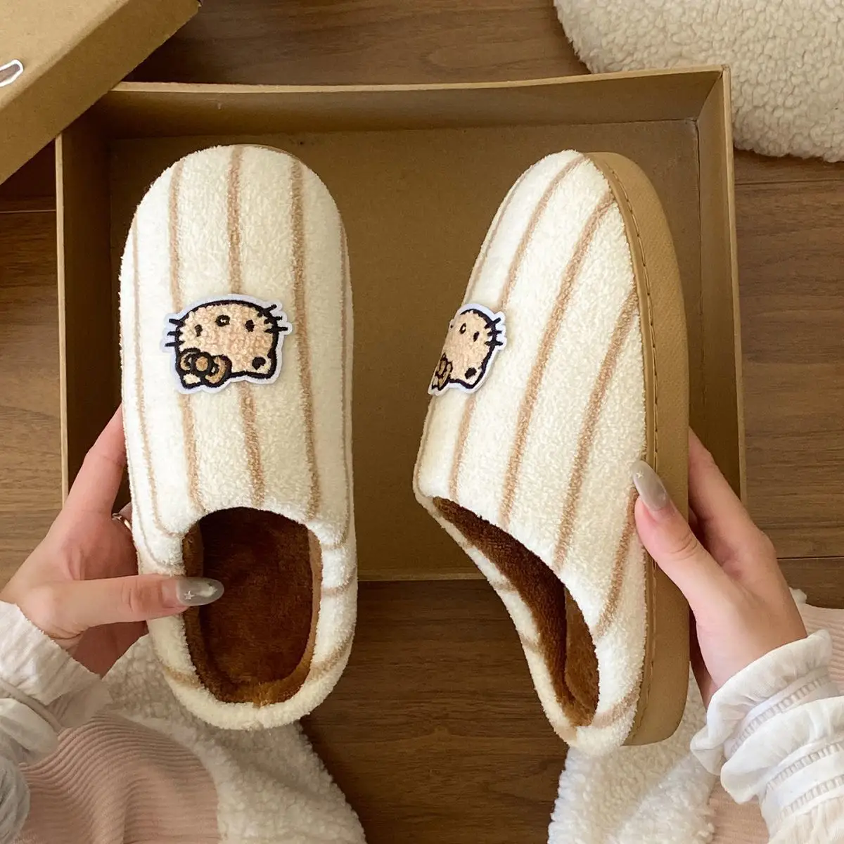 Women Cotton Striped Slippers Winter Warm Indoor — feature 22